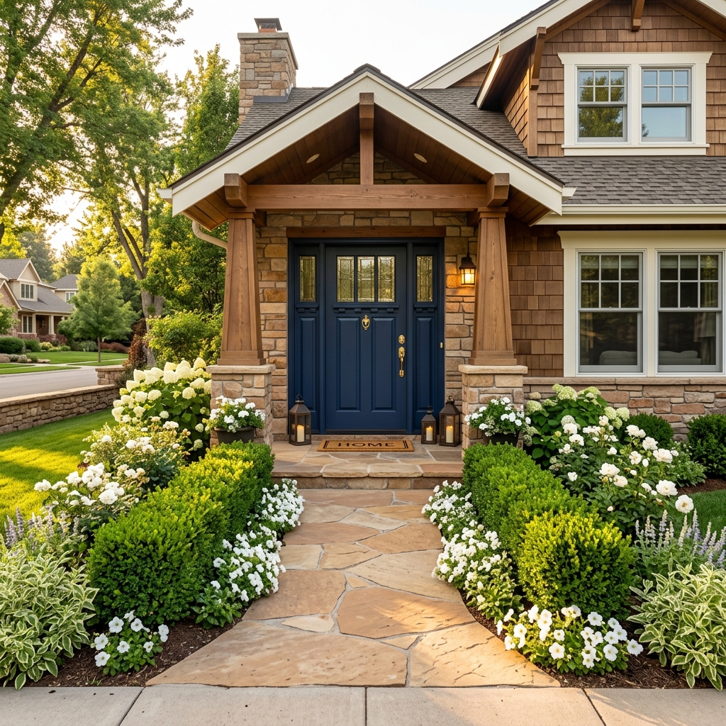 Craftsman home front door with landscaping