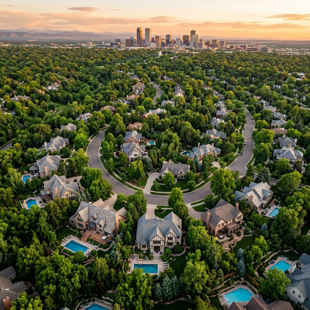 Aerial view of upscale Denver neighborhood